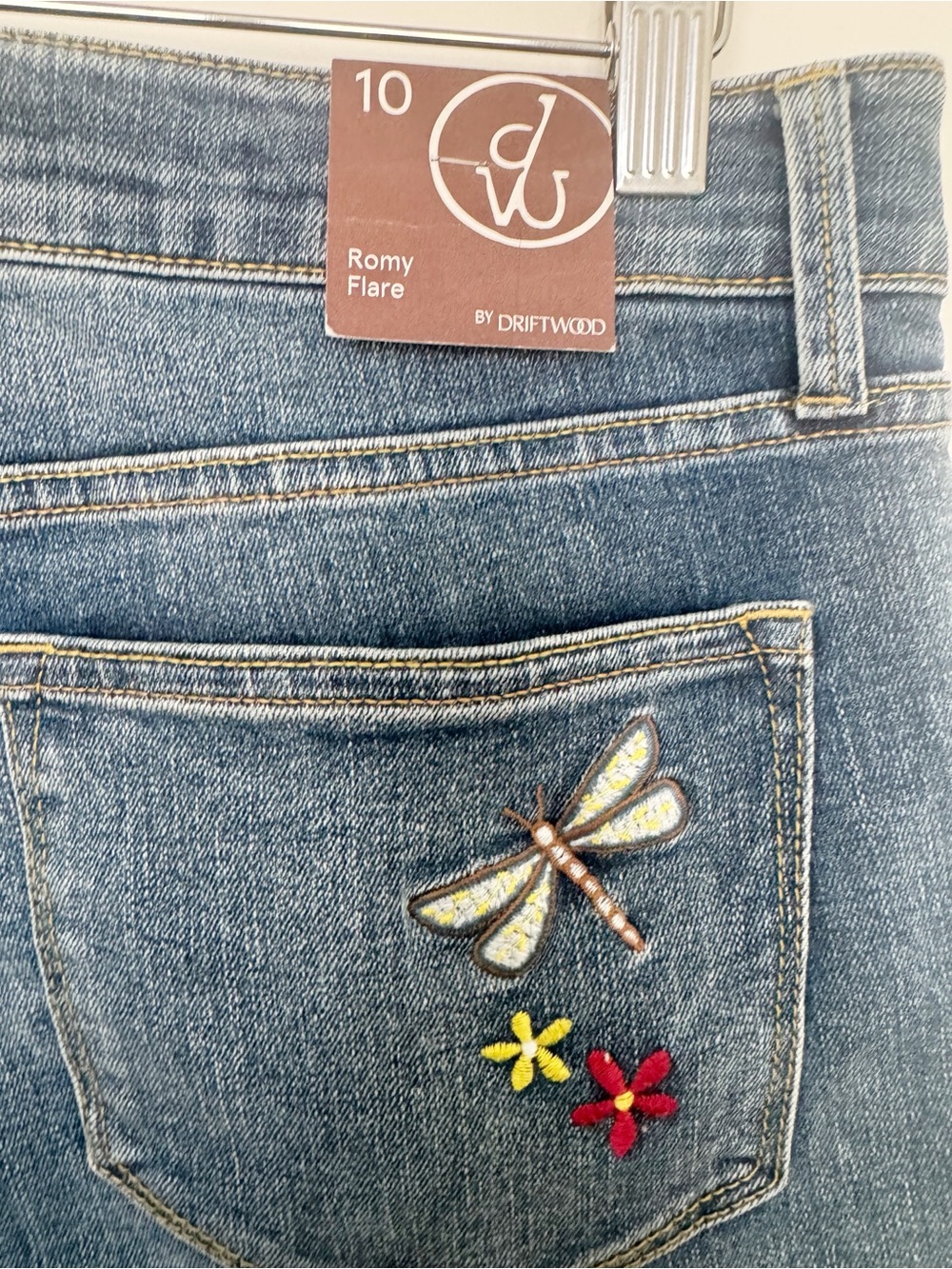Driftwood Romy Flare Denim Jeans Embroidered Heron Bird Dragonflies Size 10 - Picture 8 of 10